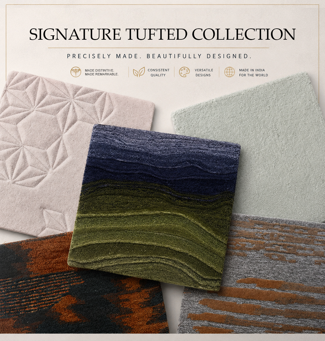 Signature Tufted Collection — precisely made, beautifully designed. Machine-tufted rug samples in ivory, navy, olive, rust and grey.